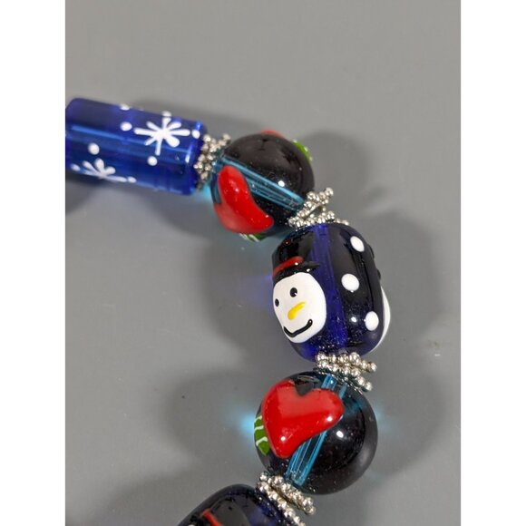 Winter Holiday Glass Stretch Bracelet Blue Green Red Heart Snowman Painted 6.5" - Picture 5 of 8